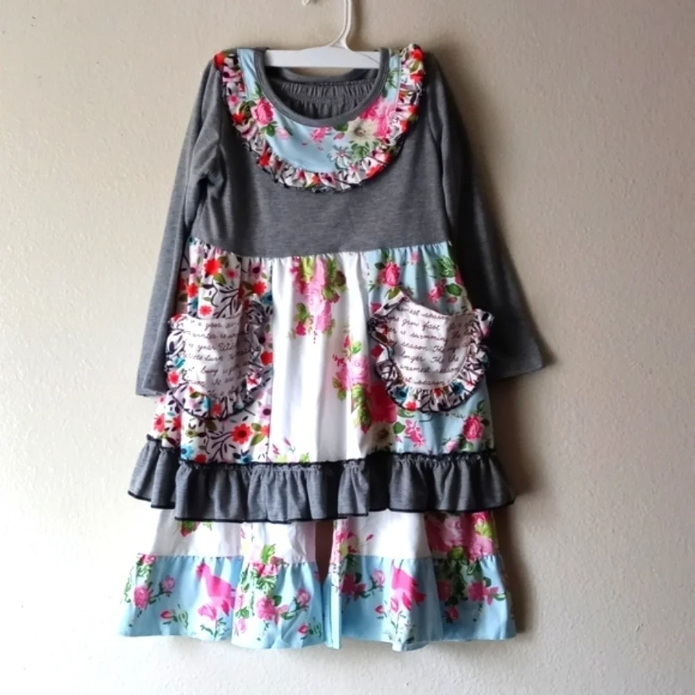🐑 NWOT Little Girl's Floral Ruffle Party Outfit Gray Blue . Size 6-7 yrs.